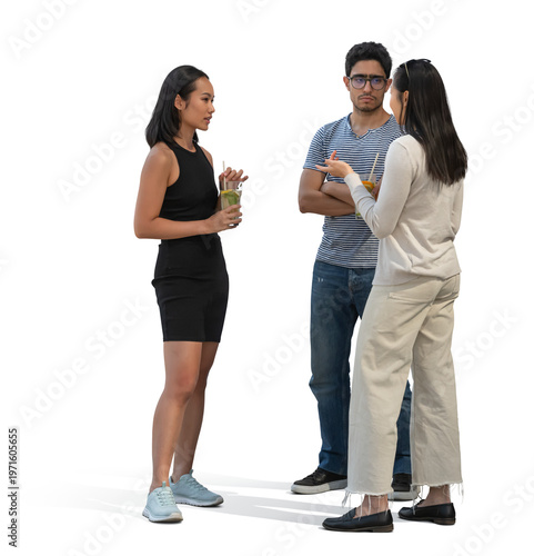 Obraz na płótnie Two Asian women and a man standing and talking casually, isolated on transparent