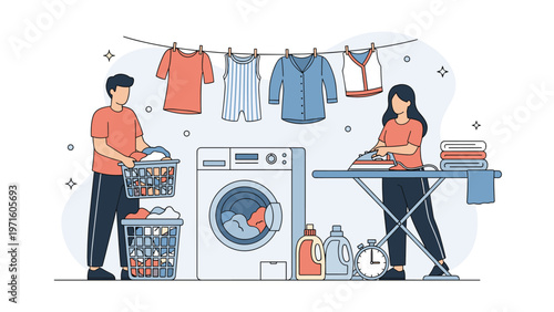Family laundry day concept with a man carrying clothes woman ironing and a washing machine in a domestic utility room.