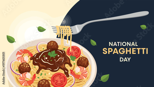 National spaghetti day celebration showing a plate of pasta topped with rich sauce meatballs and shrimp with fresh herbs.