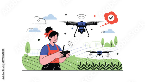 Smart agriculture technology showing a woman using a remote to control drones for spraying and monitoring green fields.