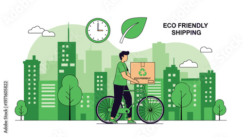 Sustainable delivery and eco friendly shipping concept with a bicycle courier carrying a green package through an urban skyline.