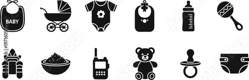 Collection of black silhouette icons representing baby items and tribal masks