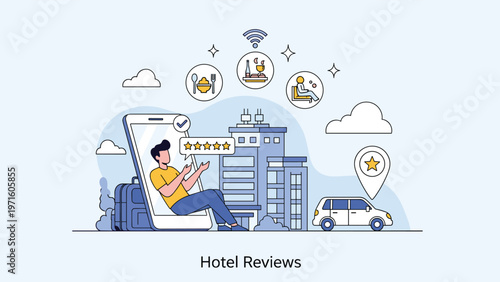 Professional traveler gives a five star rating on a mobile application for high quality hotel services including food transportation and stay.