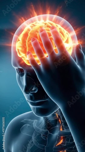 Human head with glowing brain indicating pain or intense activity, suitable for medical illustration, health awareness, neurological research, and mental wellbeing content.