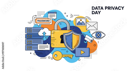 Concept of data privacy day featuring advanced security measures like an encryption lock protective shield and secure servers for network safety.