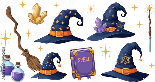 Wizard magic items vector set with spell book, hats, broom, potions, crystals and wand, fantasy witchcraft illustration isolated on white background