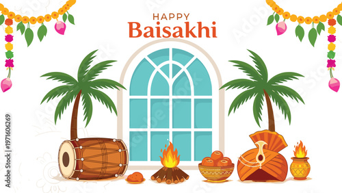 Traditional celebration of happy baisakhi featuring cultural elements like a drum turban harvest fire and festive decorations for punjabi culture.
