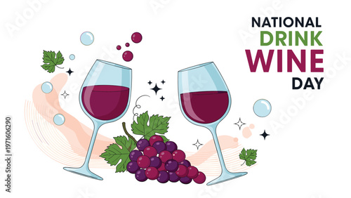 Two elegant glasses of red wine and a bunch of purple grapes celebrating national drink wine day against a clean white background with bubbles.
