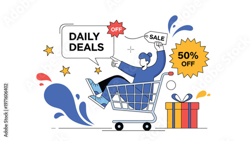 Excited woman enjoys daily deals while riding in a shopping cart surrounded by sales tags a gift box and special discount offers for customers.