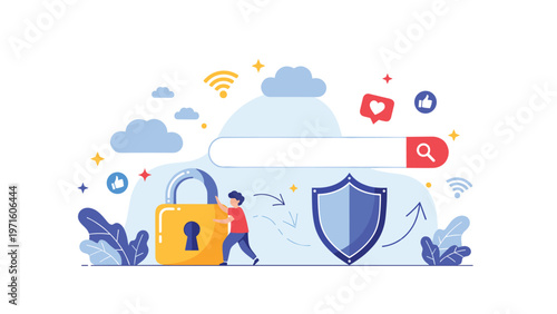 Web search security concept featuring a man pushing a large lock into place with a protective shield for safe and secure internet browsing online.