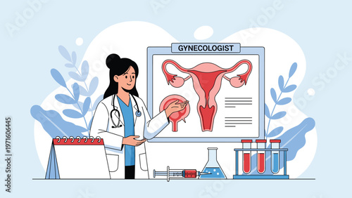 Professional female gynecologist explains reproductive health using a detailed anatomical diagram in a modern medical clinic and hospital setting.
