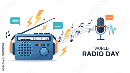 Artistic celebration of world radio day featuring a vintage radio with headphones a microphone and flowing musical notes for a broadcast theme.
