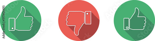 Thumbs up and thumbs down icons set, flat design approval and dislike symbols in green and red circles for user interface