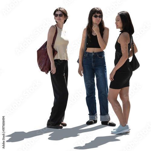 Tableau sur toile Three young backlit women standing and talking, isolated on transparent and whit