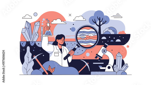 Female geologist in a lab coat examining mineral samples with a magnifying glass and microscope in a colorful research environment.