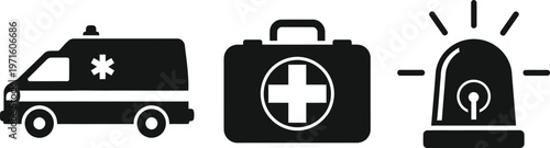 Medical emergency vector icons, ambulance, first aid kit, and siren light