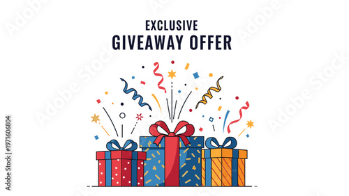 Vibrant marketing illustration for an exclusive giveaway offer featuring colorful gift boxes with ribbons and festive confetti.