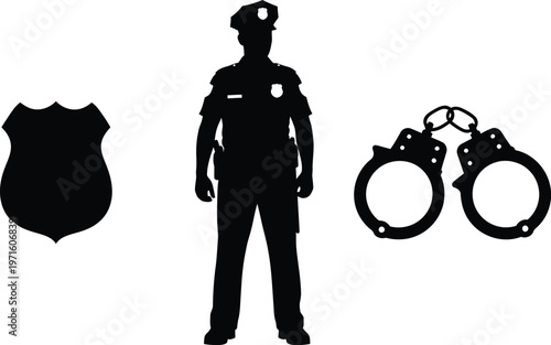 Police officer in uniform with shield and handcuffs law enforcement symbols