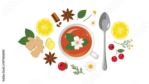 Relaxing cup of herbal tea surrounded by natural ingredients like lemon ginger chamomile and berries in a healthy lifestyle scene.