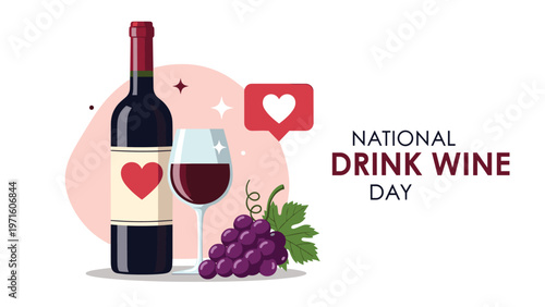 Celebrating national drink wine day with a red wine bottle and glass alongside fresh grapes on a soft pink background illustration.