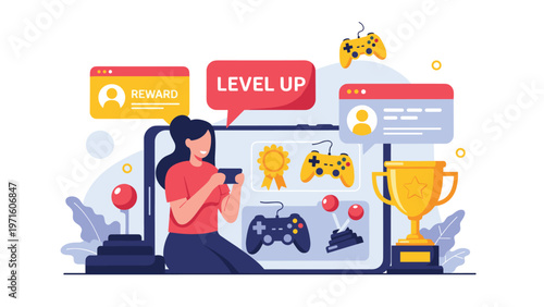 Enthusiastic girl playing mobile games on a tablet achieving level up rewards with various gaming icons and a trophy nearby.