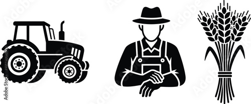Farming set with tractor, farmer in hat and wheat harvest agricultural icons