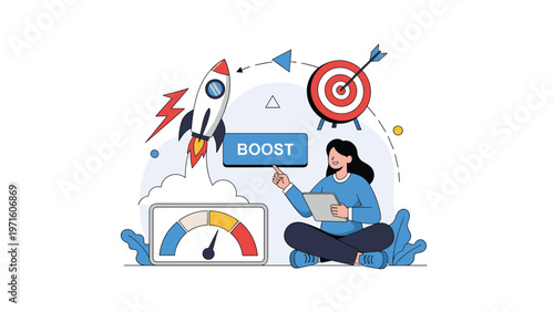 Woman boosting productivity and growth through a digital interface featuring a launching rocket target and performance meter.