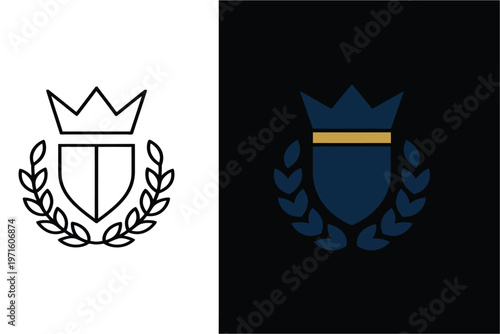 Coat of arms with crown, shield, and laurel wreath, representing victory, achievement, and royal honor or academic excellence