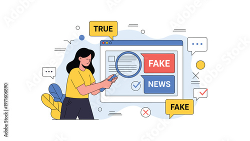Person using a magnifying glass to detect fake news on a computer screen to find the true information in a digital world.