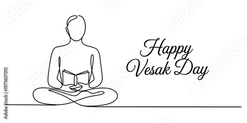 A single continuous line drawing of a person meditating in a peaceful lotus position for vesak day Vector, illustration