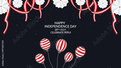 Festive banner for Peru independence day celebration with red and white balloons ribbons and decorative traditional elements.