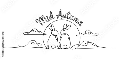 A minimalist single line drawing of two rabbits sitting together under a full moon in mid autumn Vector, illustration