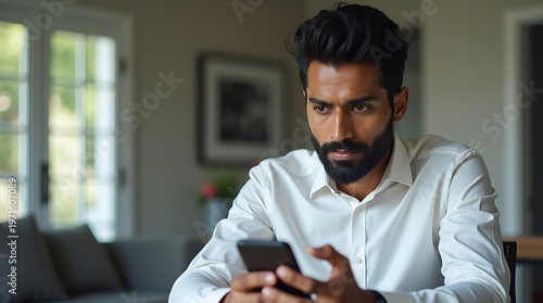 Indian man using smartphone for online business at home