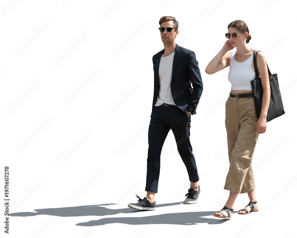 Obraz premium Stylish man and woman walking in the street in summer, isolated on white and transparent background