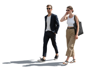 Stylish man and woman walking in the street in summer, isolated on white and transparent background
