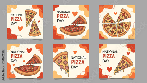Celebrating national pizza day with various delicious pizza slices hearts and colorful patterns in a fun social media style.