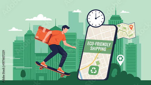 Delivery courier on a skateboard carrying a box through a city landscape to represent fast and eco friendly shipping solutions.
