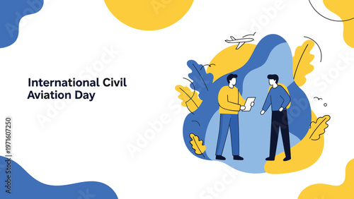 Commemorating international civil aviation day with people communicating and a small airplane flying over a blue and yellow scene.