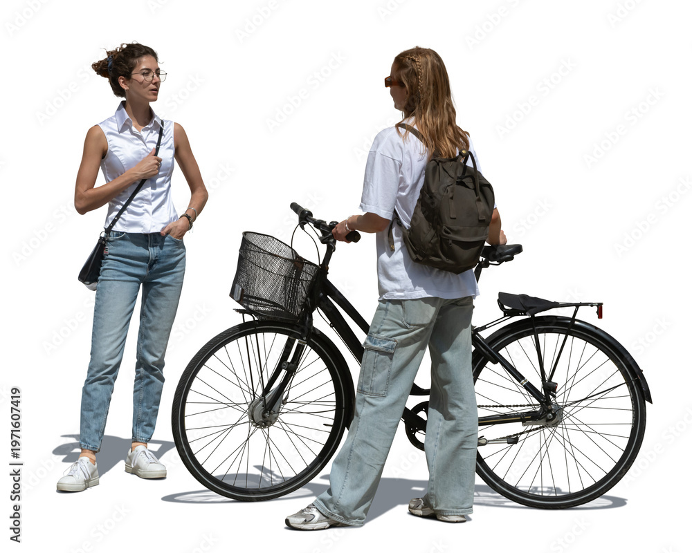 Obraz premium Woman with a bicycle standing and talking to her girlfriend, isolated on white and transparent background