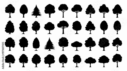 Collection of various black silhouette trees arranged in neat rows