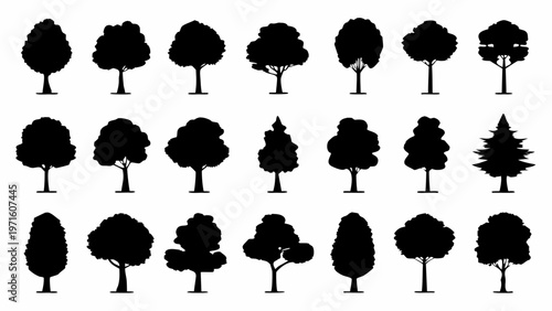 Collection of diverse black silhouette trees against a white background