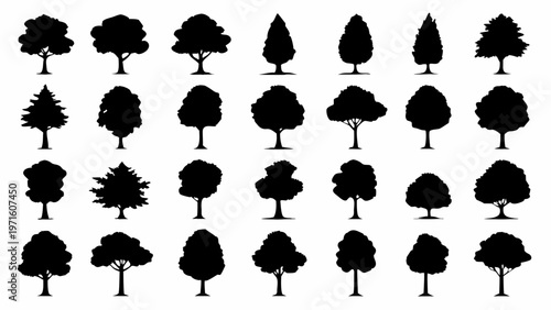 Collection of various black silhouette trees arranged in neat rows
