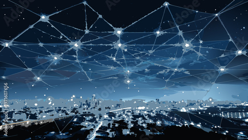 Abstract network of connections above a city skyline at night