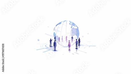 People gathered around a translucent globe representing global connection
