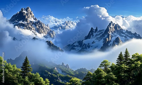 Majestic snow-capped mountains rise above lush green trees and fog under a clear blue sky with fluffy white clouds in a serene natural landscape.