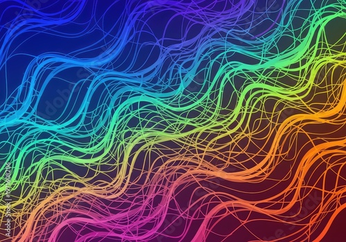Vibrant digital abstract background featuring complex interconnected wavy lines creating a futuristic flowing network pattern, gradient, route, connection