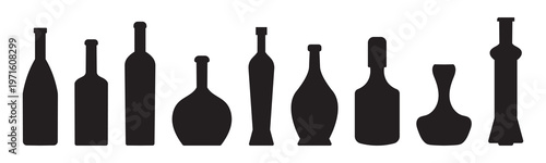 Collection of eight black bottle silhouettes on white background bottles glass