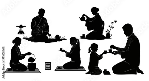 Silhouette of people enjoying traditional tea ceremony.