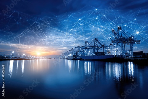 Blockchain Technology Links Trade Logistics in a Port at Sunset