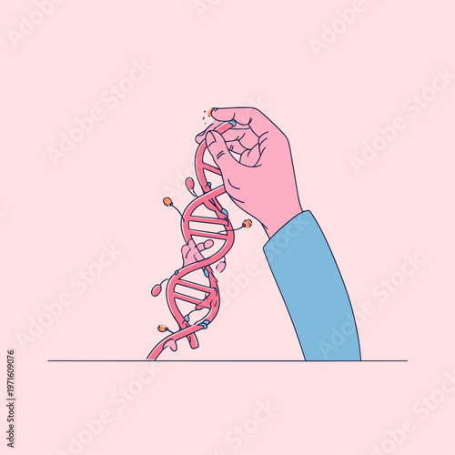 Hand manipulating a tactile glowing DNA helix with epigenetic markers